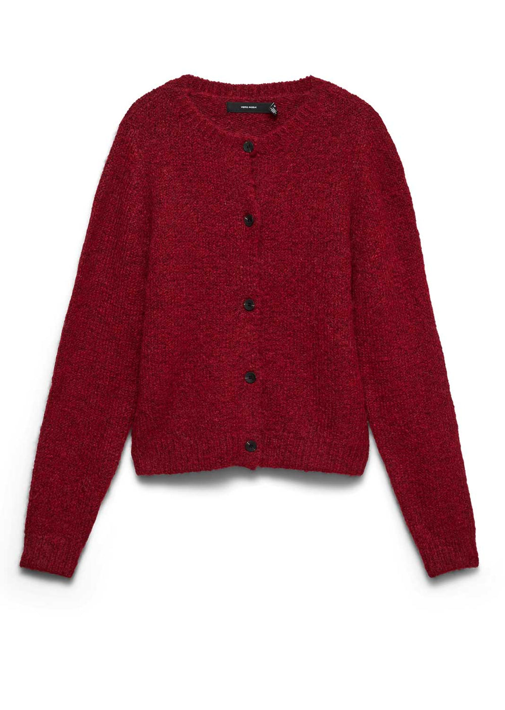 Red cardigan with black buttons on a white background