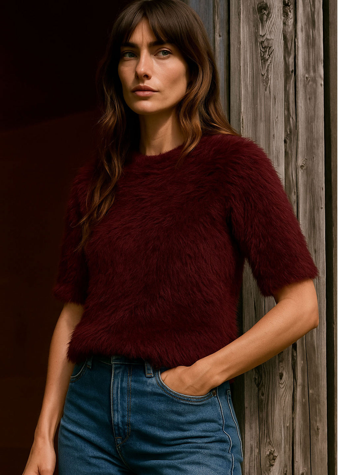 Faux Fur Top Burgundy