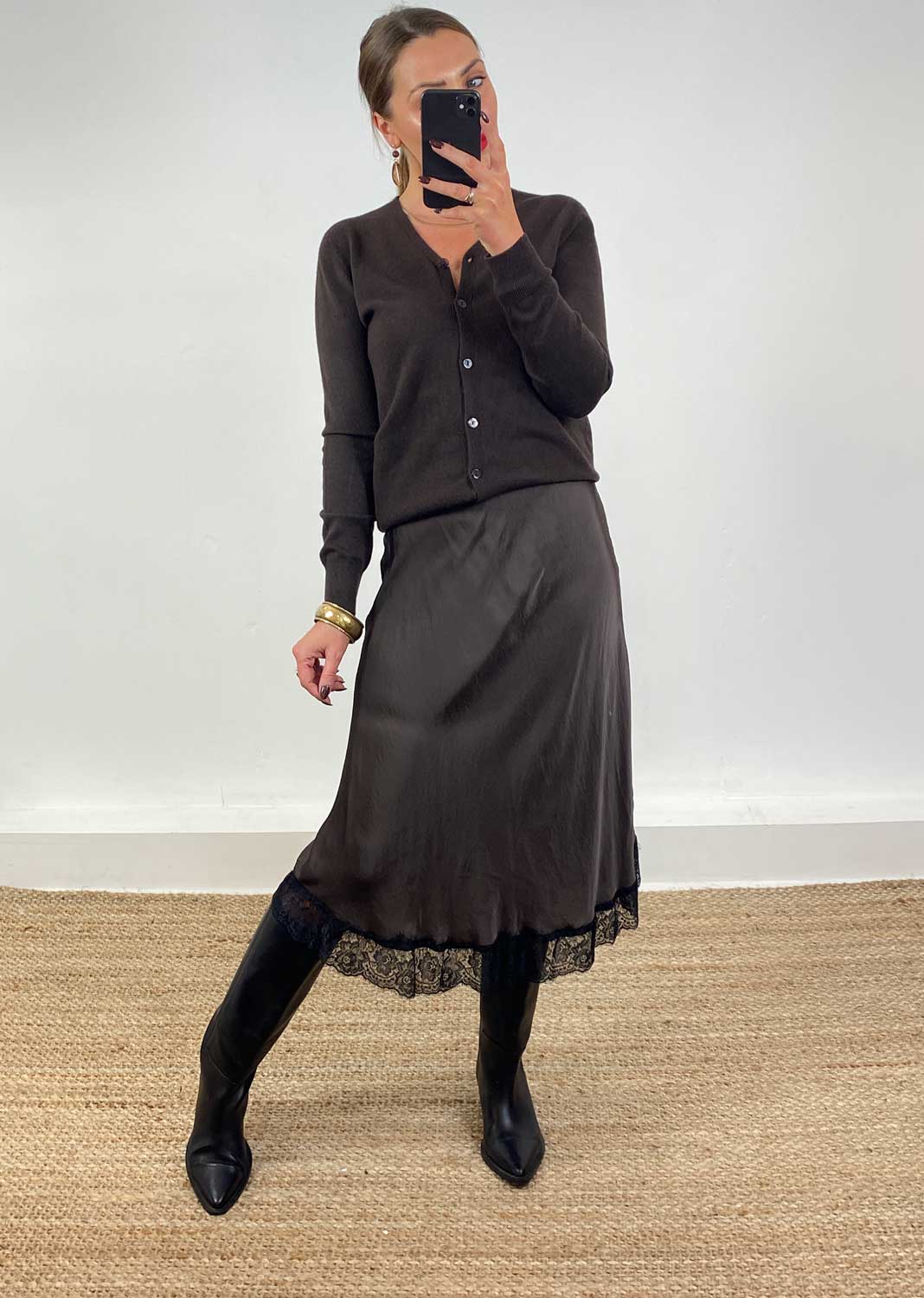 Serena Lace Slip Skirt Chocolate