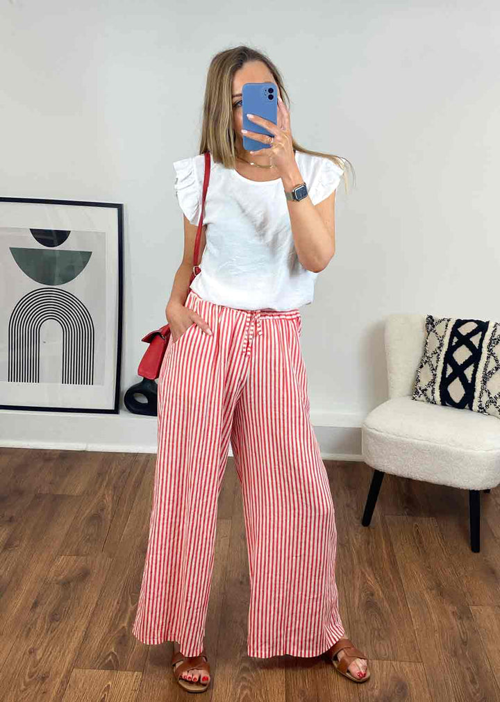 Stripe Linen Palazzo Pants in Red