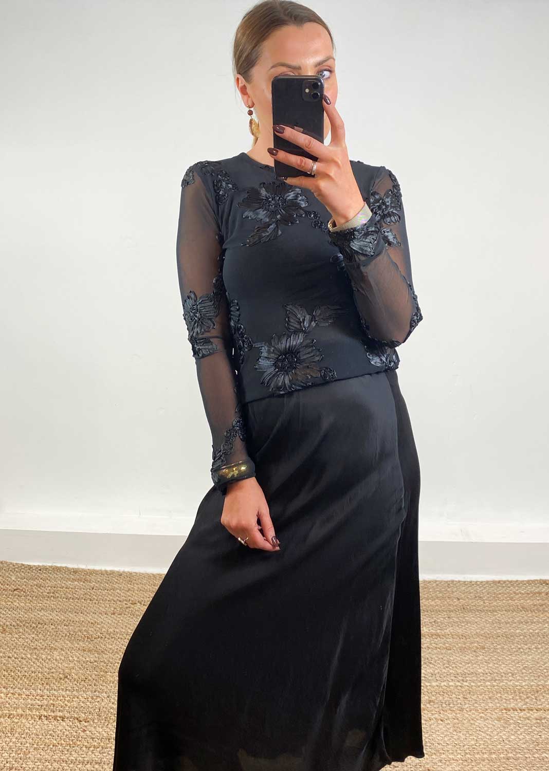 Applique Sheer Top Black