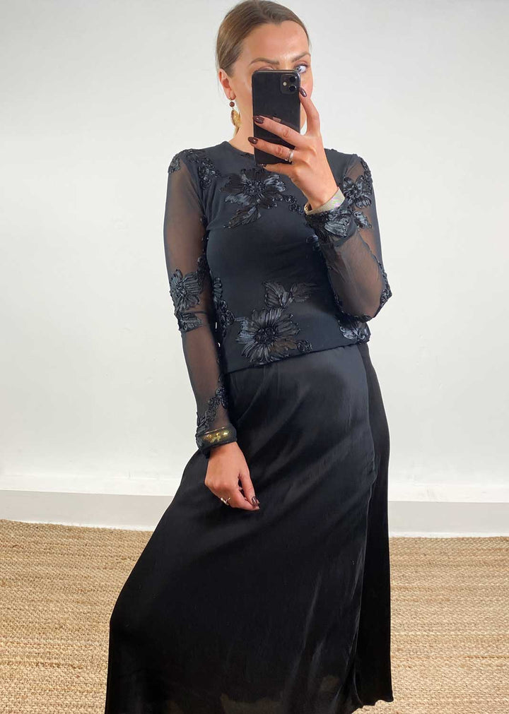 Applique Sheer Top Black