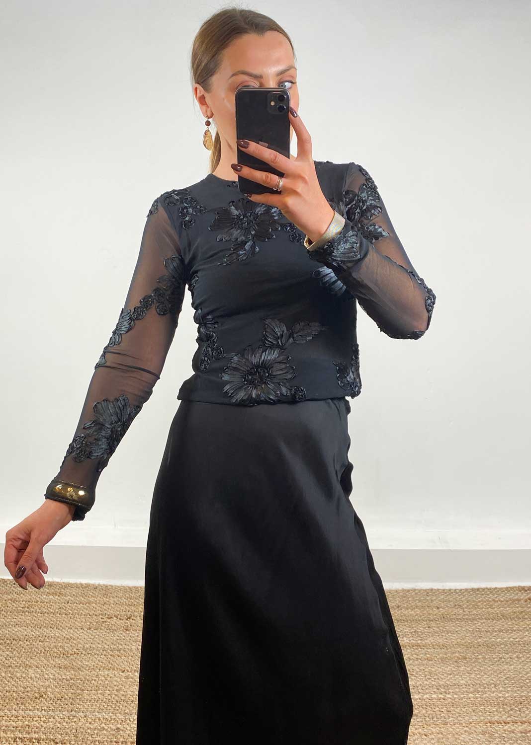 Victoria Applique Sheer Top Black