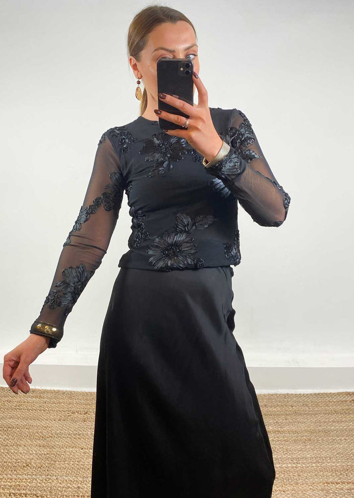 Victoria Applique Sheer Top Black