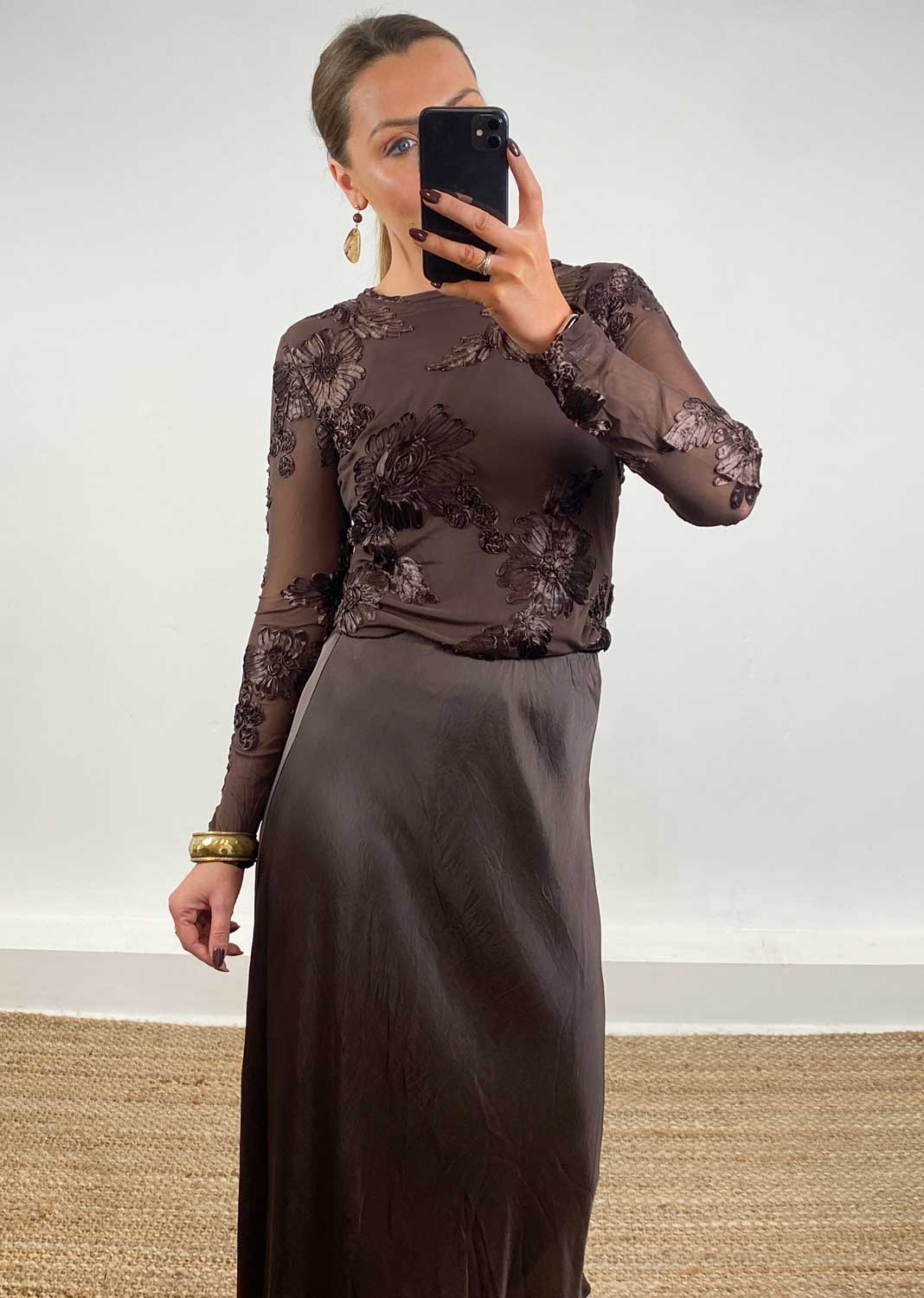 Applique Sheer Top Brown