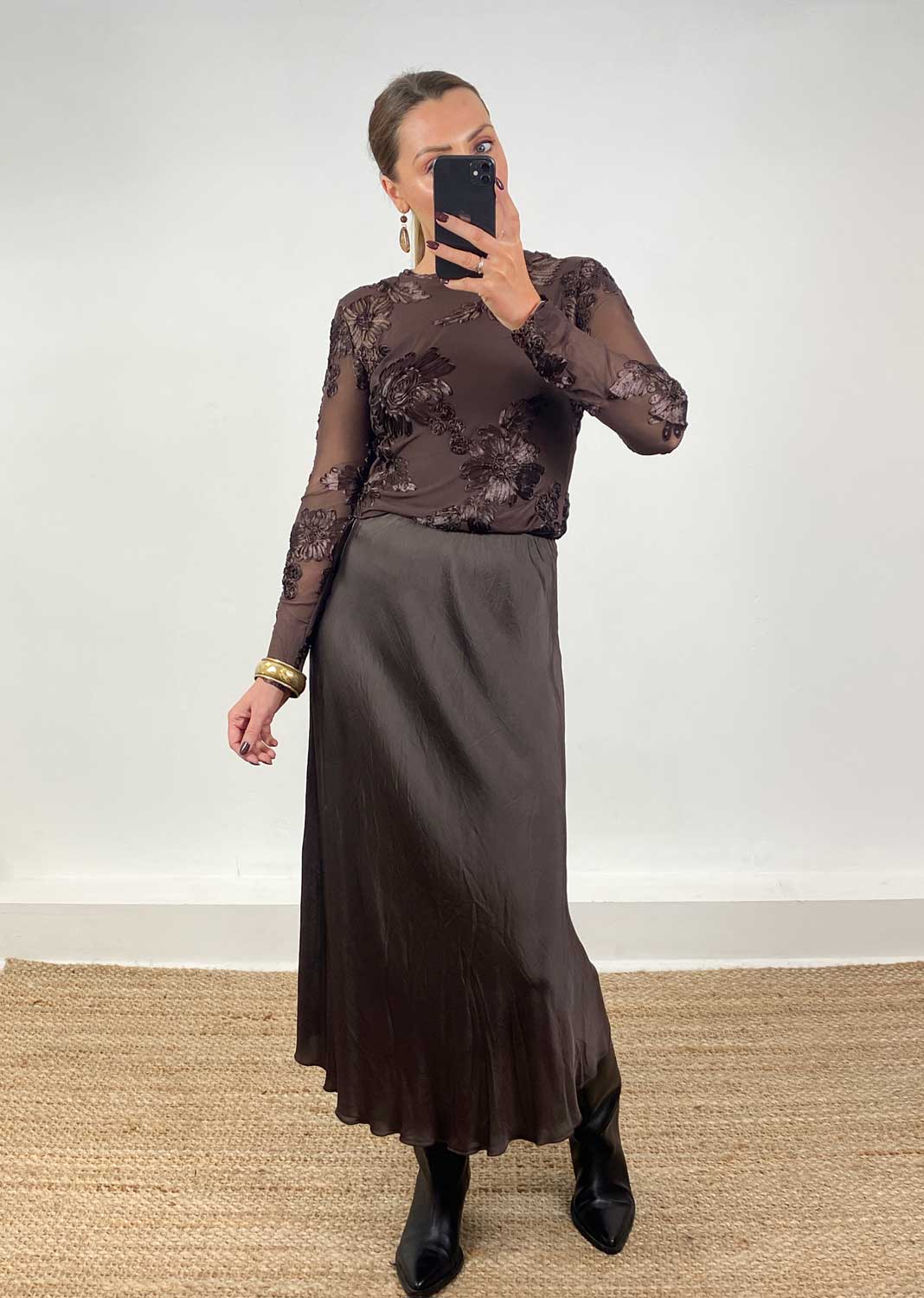 Applique Sheer Top Brown