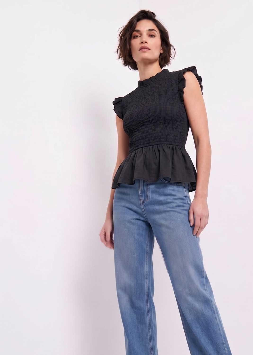 Alette Shirred Top - Taupe Frill Sleeves Peplum Design One Size Fits UK 8-14 Comfortable Fit for Casual &amp; Dressy Occasions