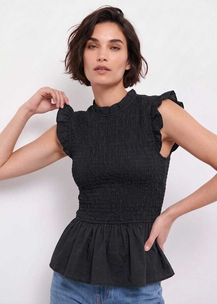 Alette Shirred Top - Taupe Frill Sleeves Peplum Design One Size Fits UK 8-14 Comfortable Fit for Casual &amp; Dressy Occasions