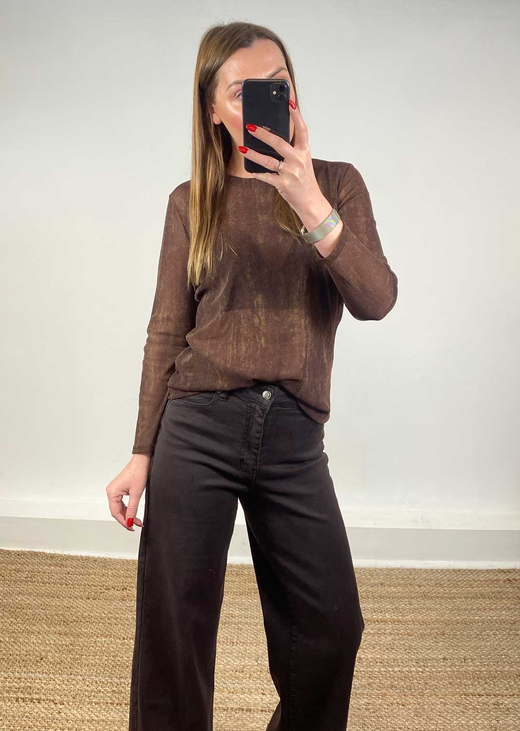 Brown mesh shimmer top
