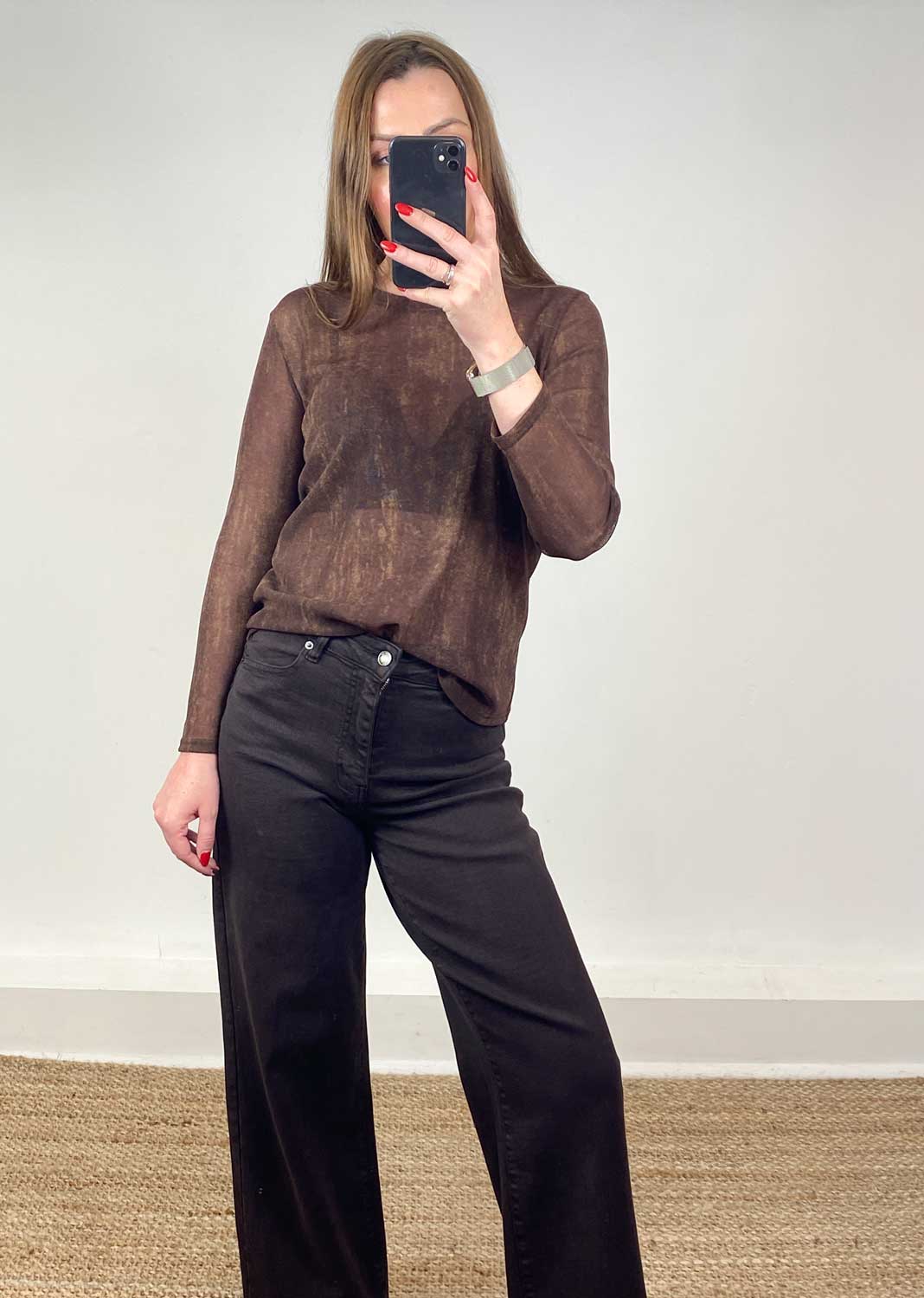Brown mesh shimmer top