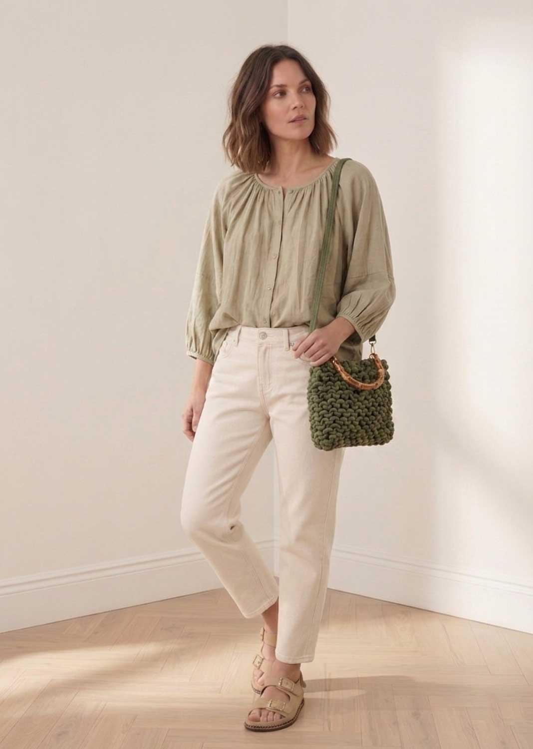 Alexa Khaki Woven Crossbody Bag