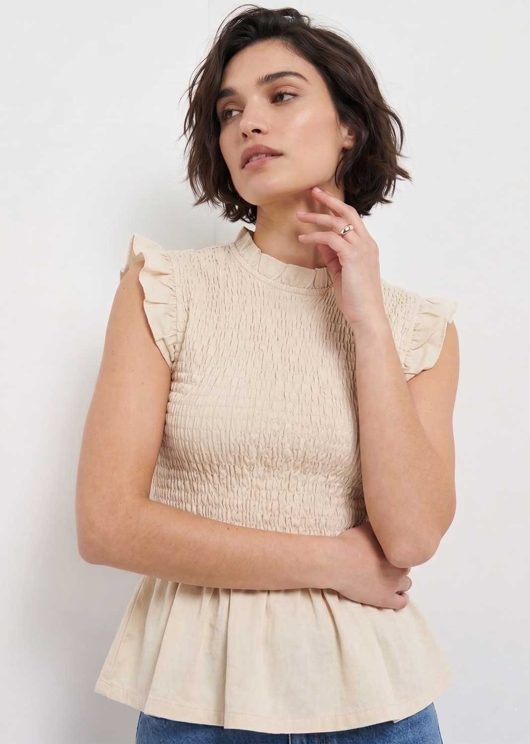 Cream Shirred Sleeveless Top
