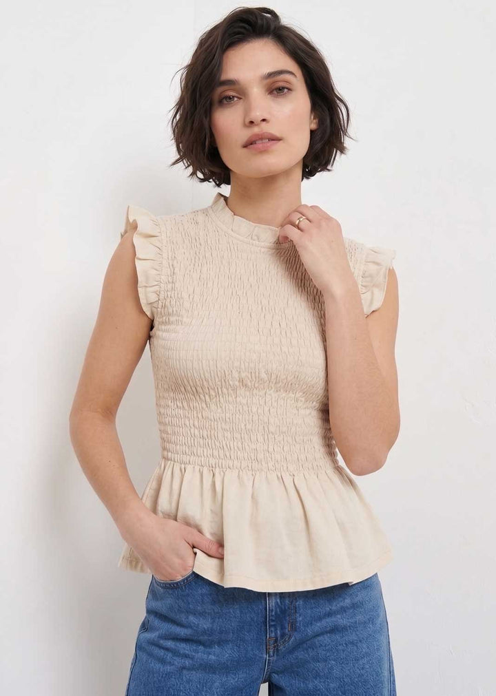 Cream Shirred Sleeveless Top