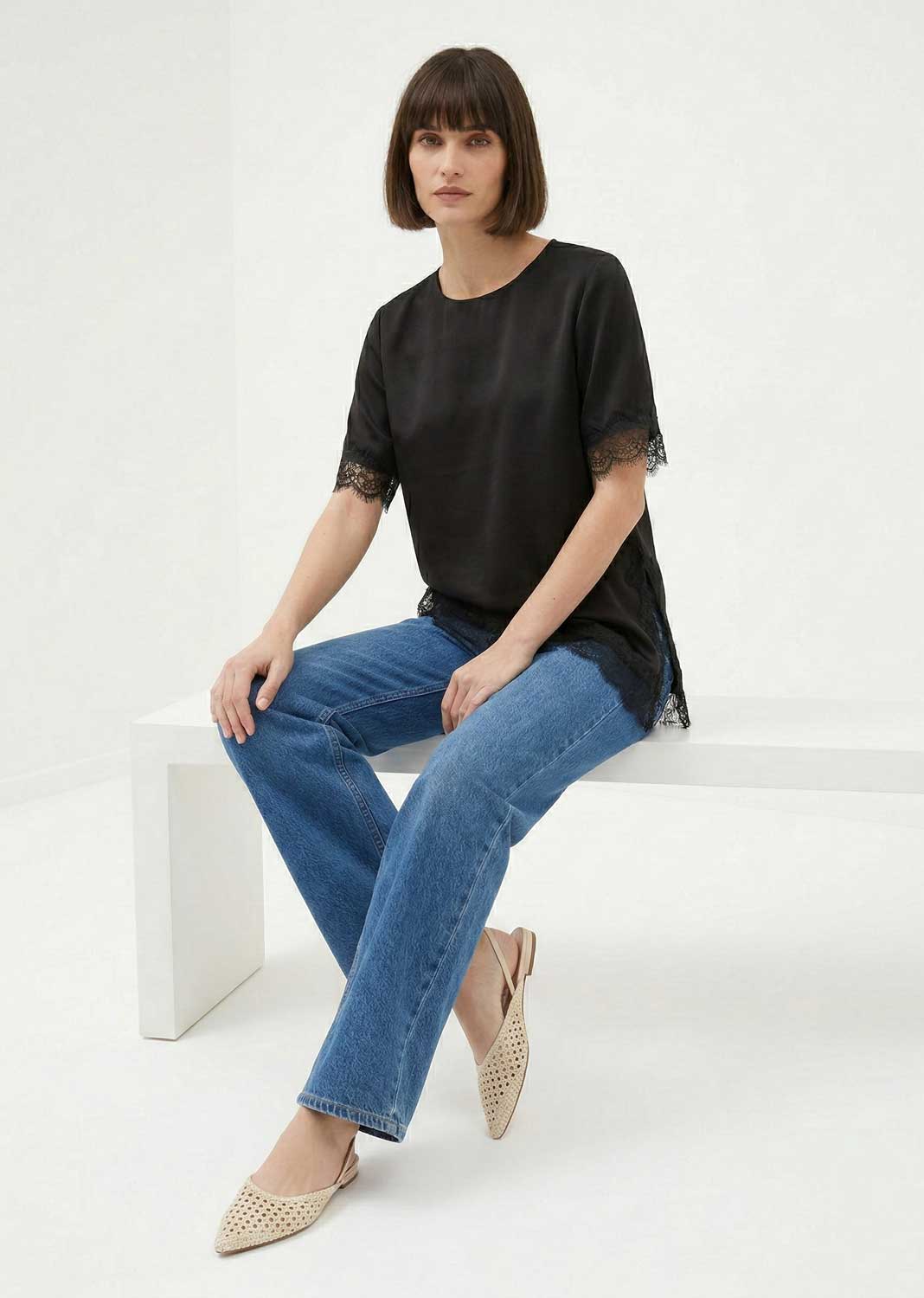 Amalia Silky Lace Asymmetric Top Black