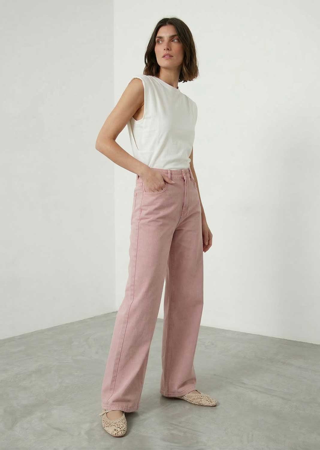 washed pink wide leg jeans 
