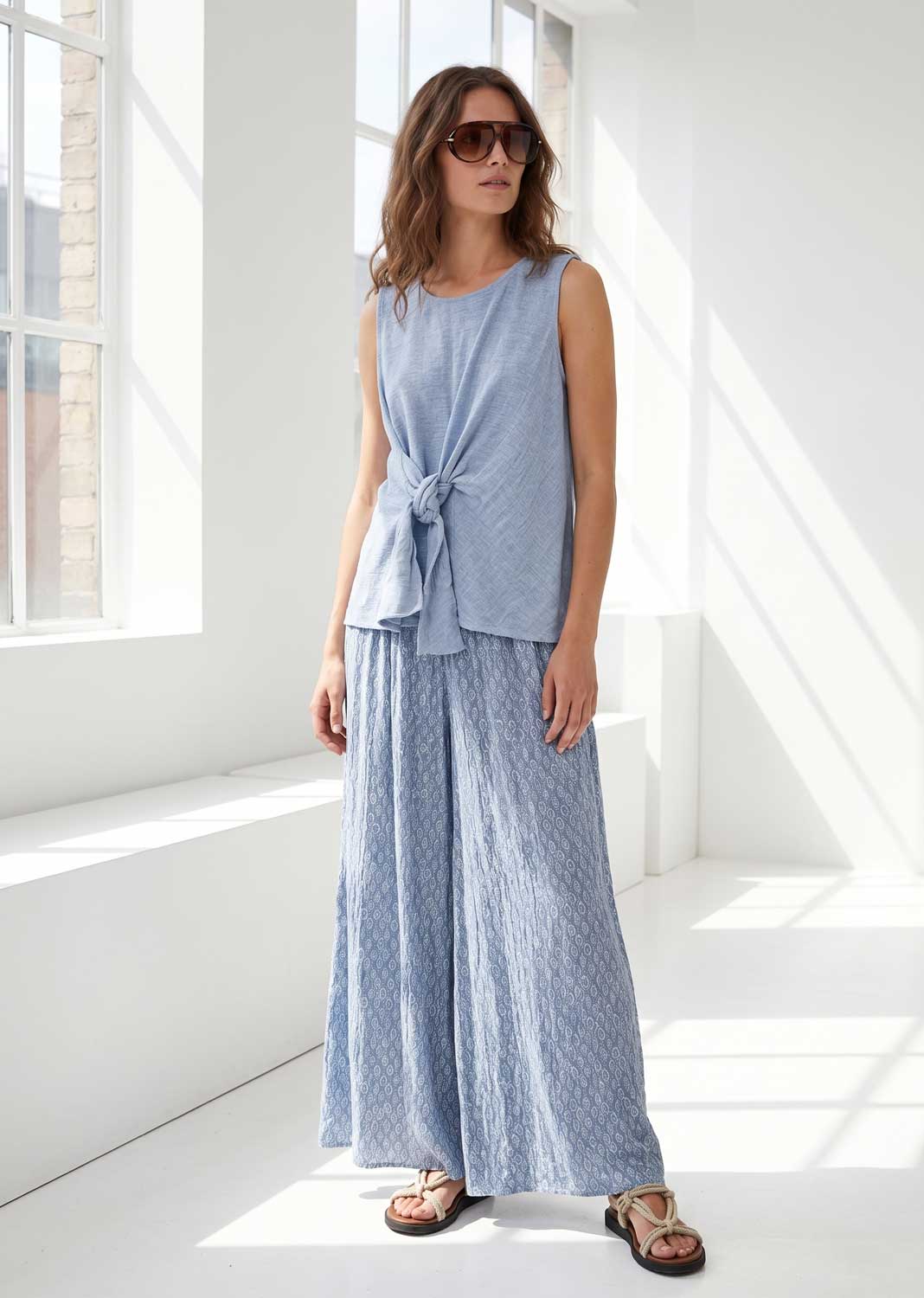 Arianne Denim Blue Leaf Palazzo Pants