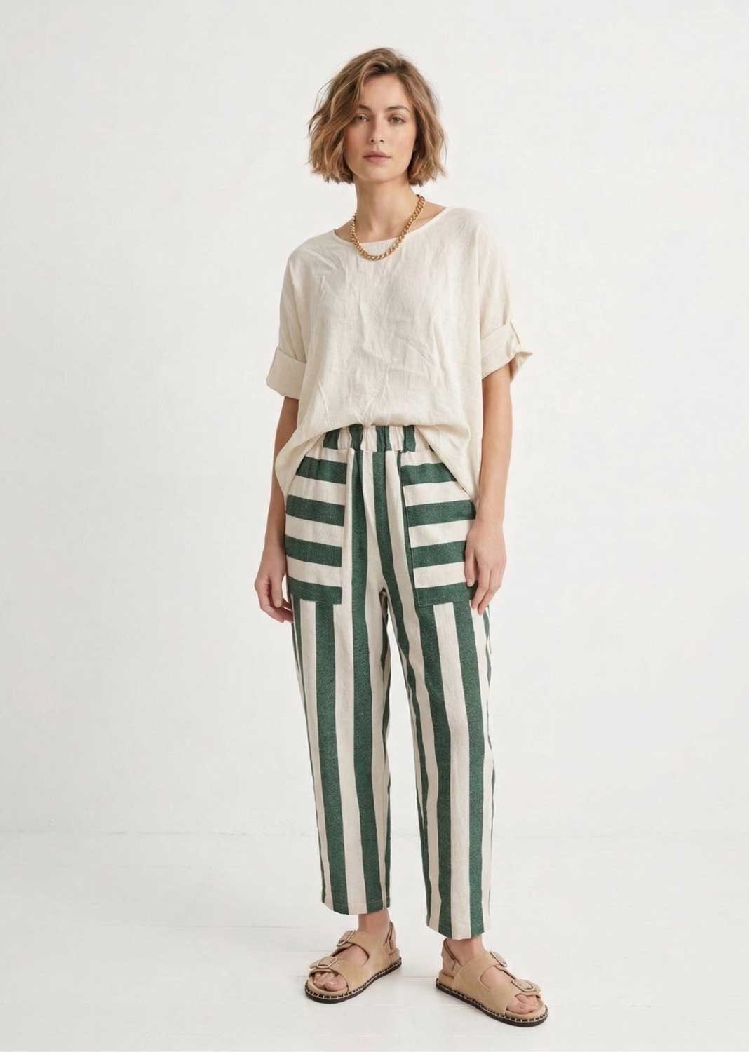 Green and Cream Stripe Barrel Pants