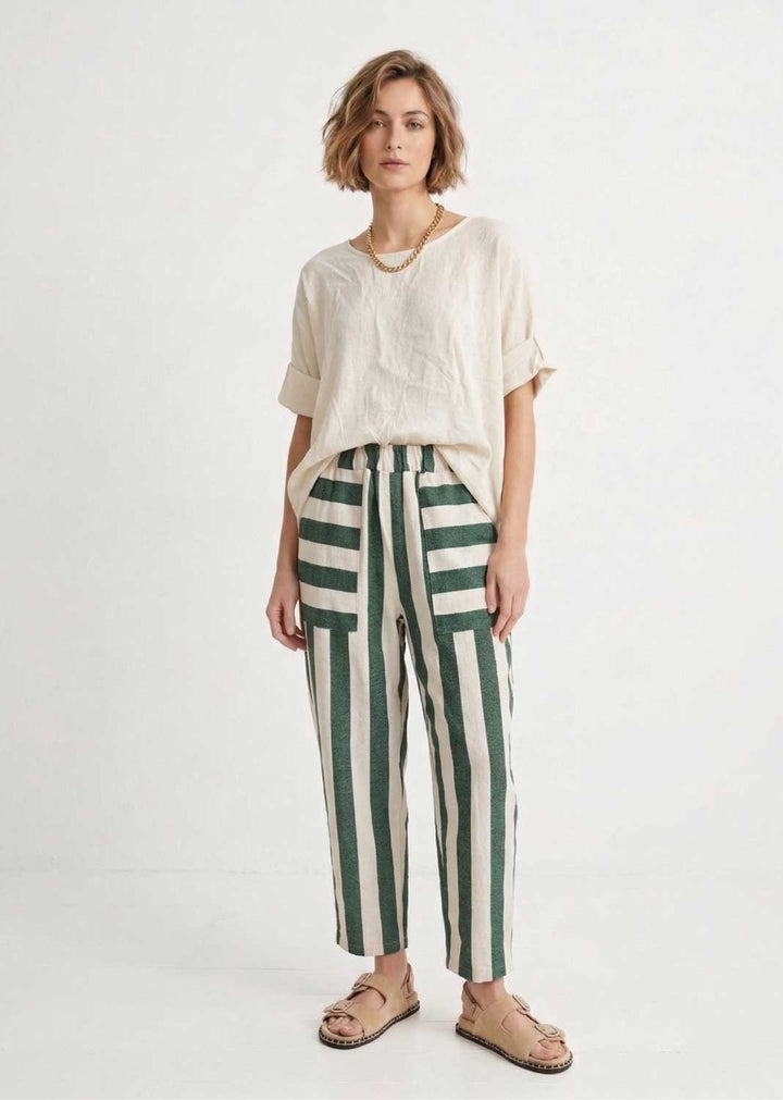 Green and Cream Stripe Barrel Pants