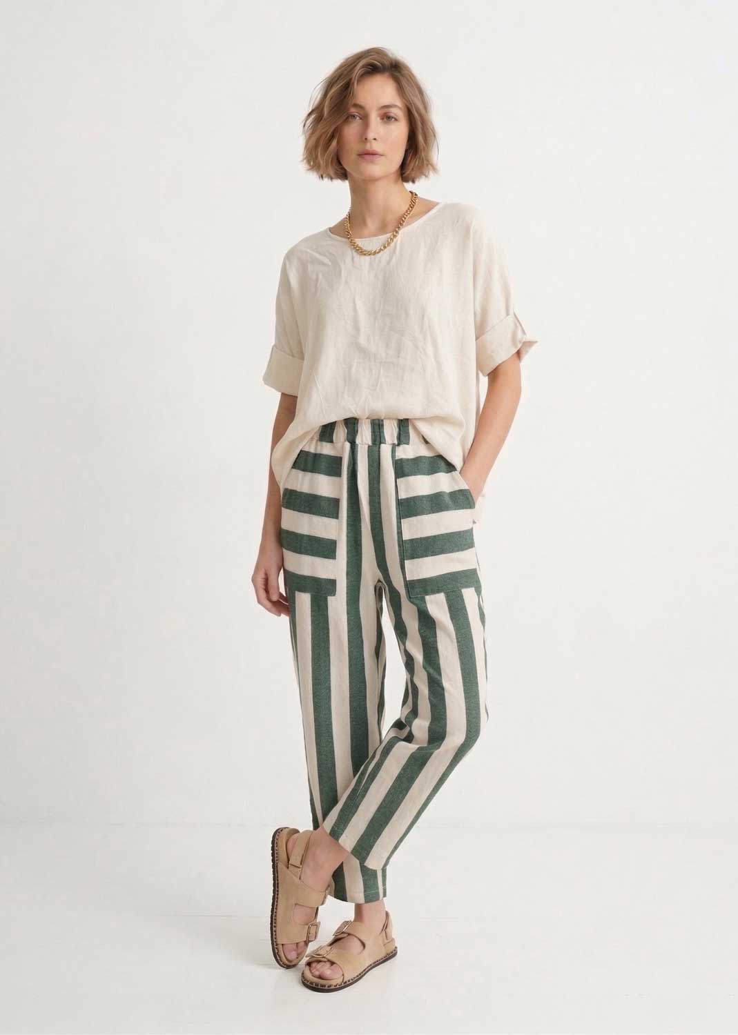 Green and Cream Stripe Barrel Pants