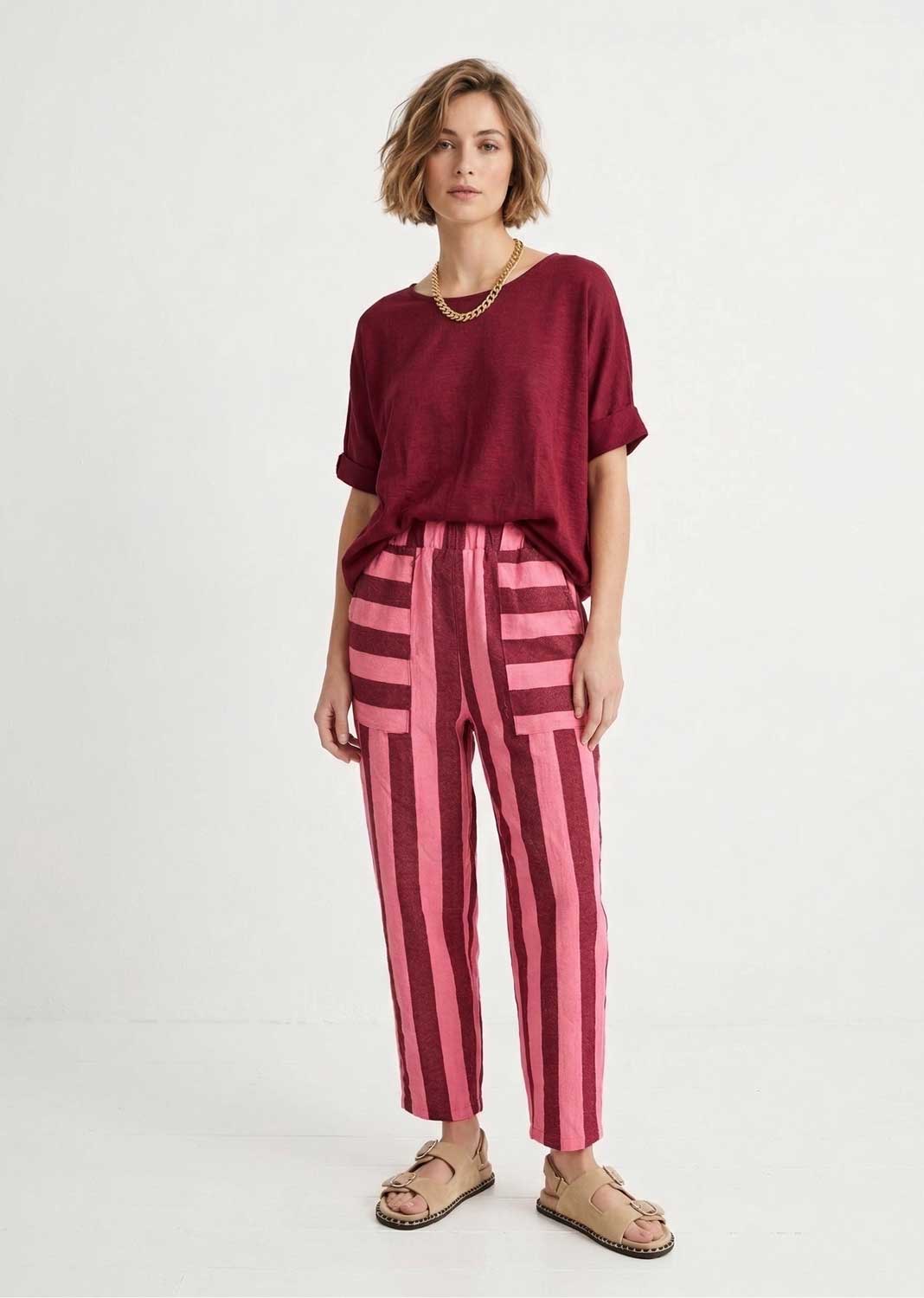 Pink and Burgundy Stripe Barrel Pants