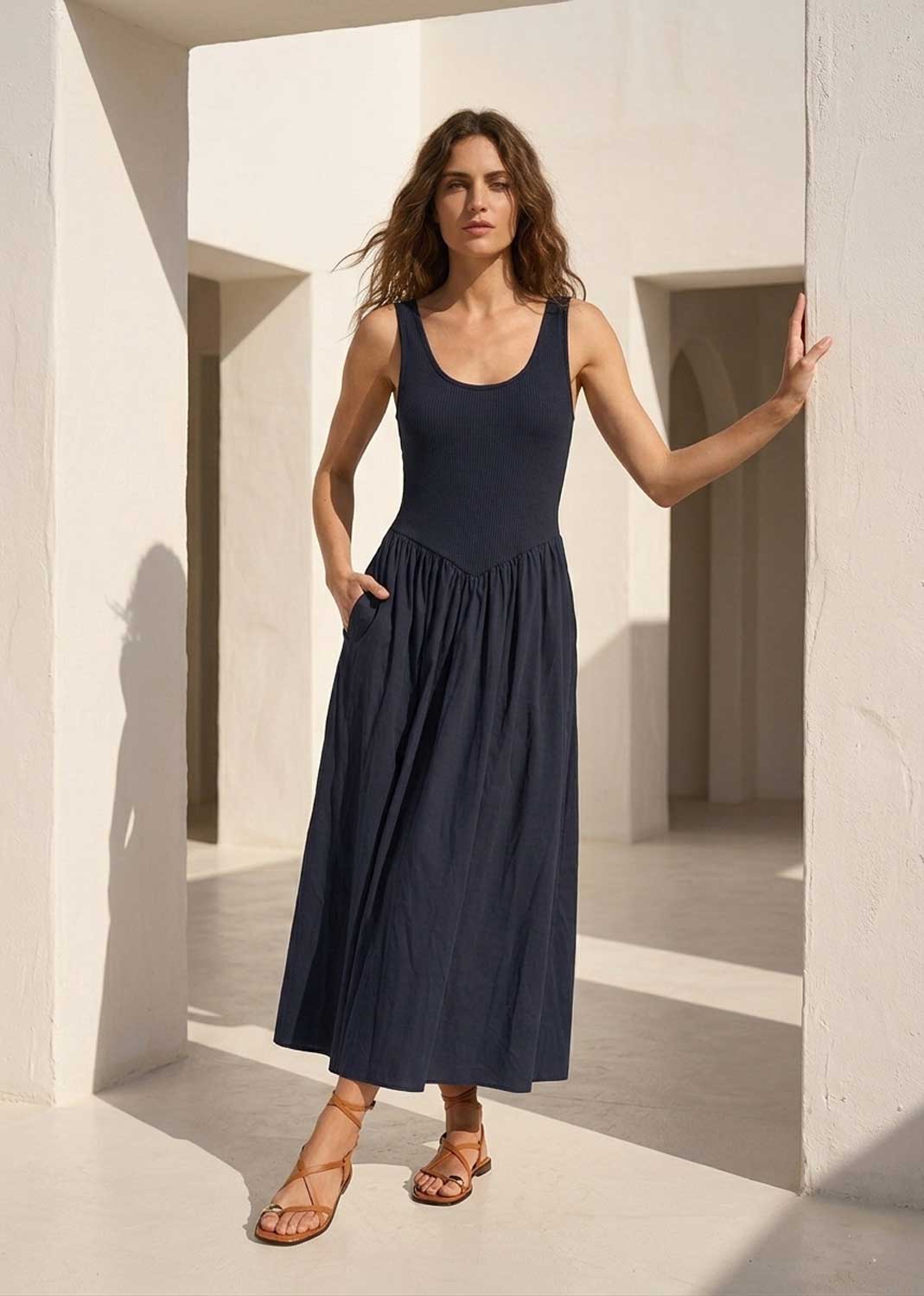 drop waist maxi dress casual Merideth Tie Shoulder Drop Waist Maxi Dress BLUE-MULTI / S by Sugarlips