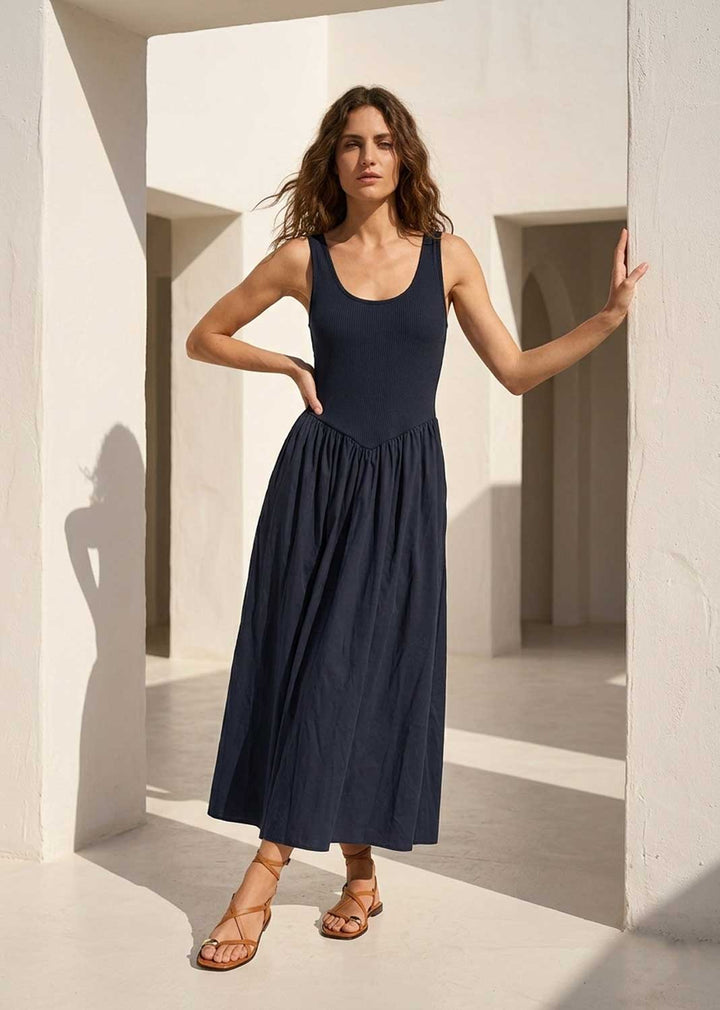 Audrey Navy Drop Waist Maxi Dress