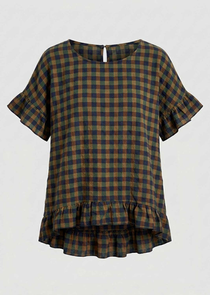 A short-sleeve plaid top with ruffled sleeves and a ruffled hem, featuring a green, brown, and beige checkered pattern, shown against a plain light gray background.