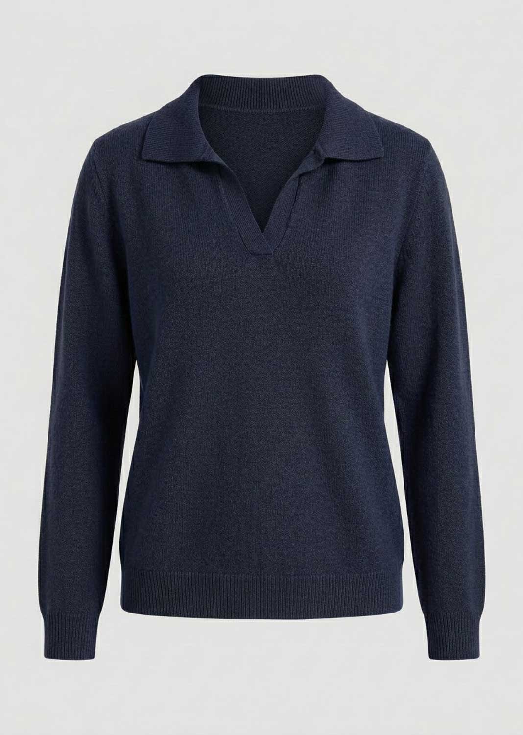 A dark navy blue knit polo sweater with a classic collar and ribbed cuffs, displayed on a neutral light gray background.