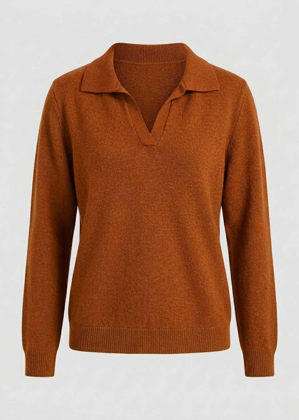 A rust-brown knit polo sweater with long sleeves and a folded collar, shown on a plain light gray background.