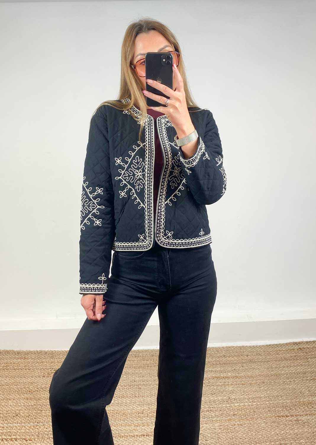 Billie Embroidered Quilted Jacket Black
