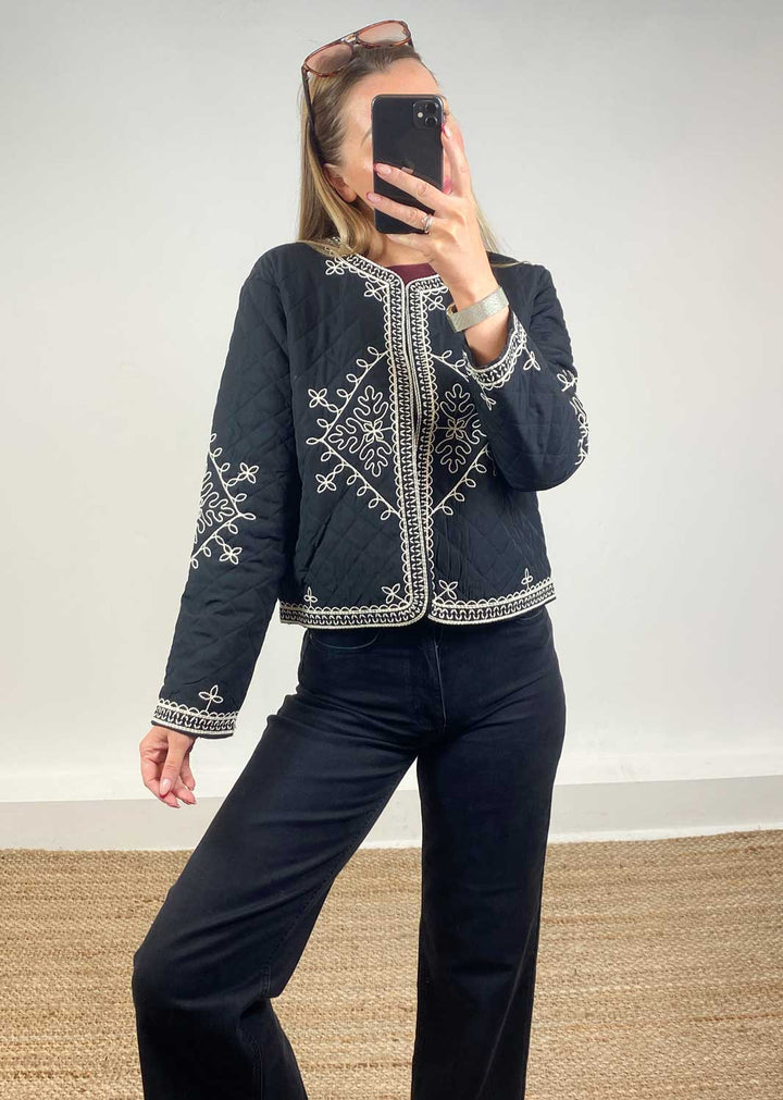 Billie Embroidered Quilted Jacket Black