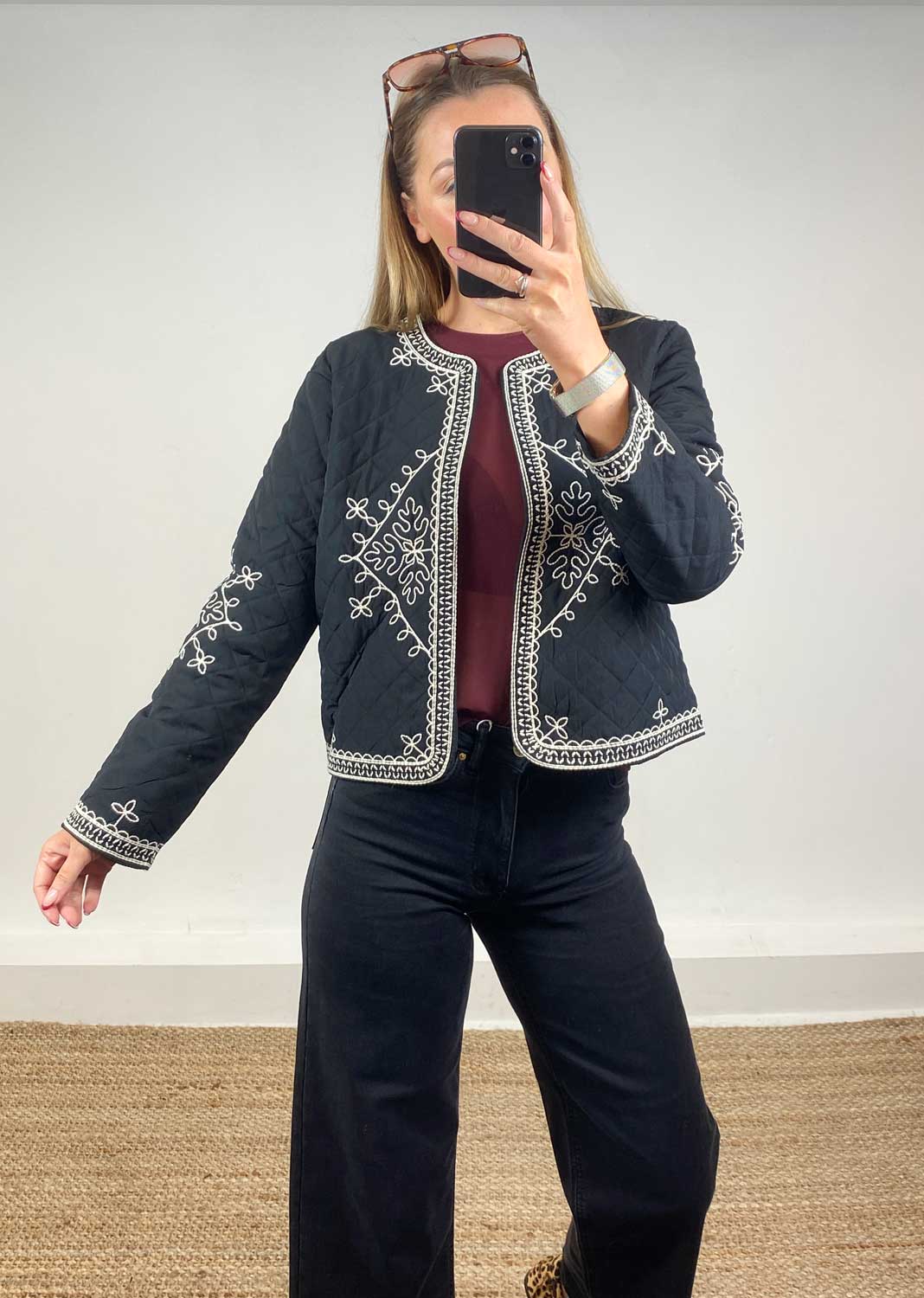 Billie Embroidered Quilted Jacket Black