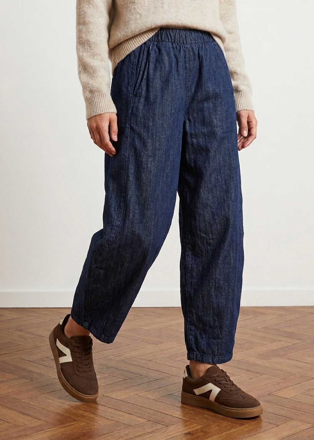indigo denim pull on barrel pants 