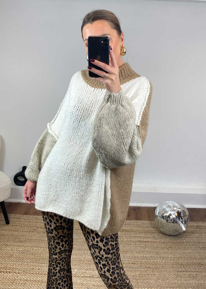 Cora Block Knit Jumper in Taupe