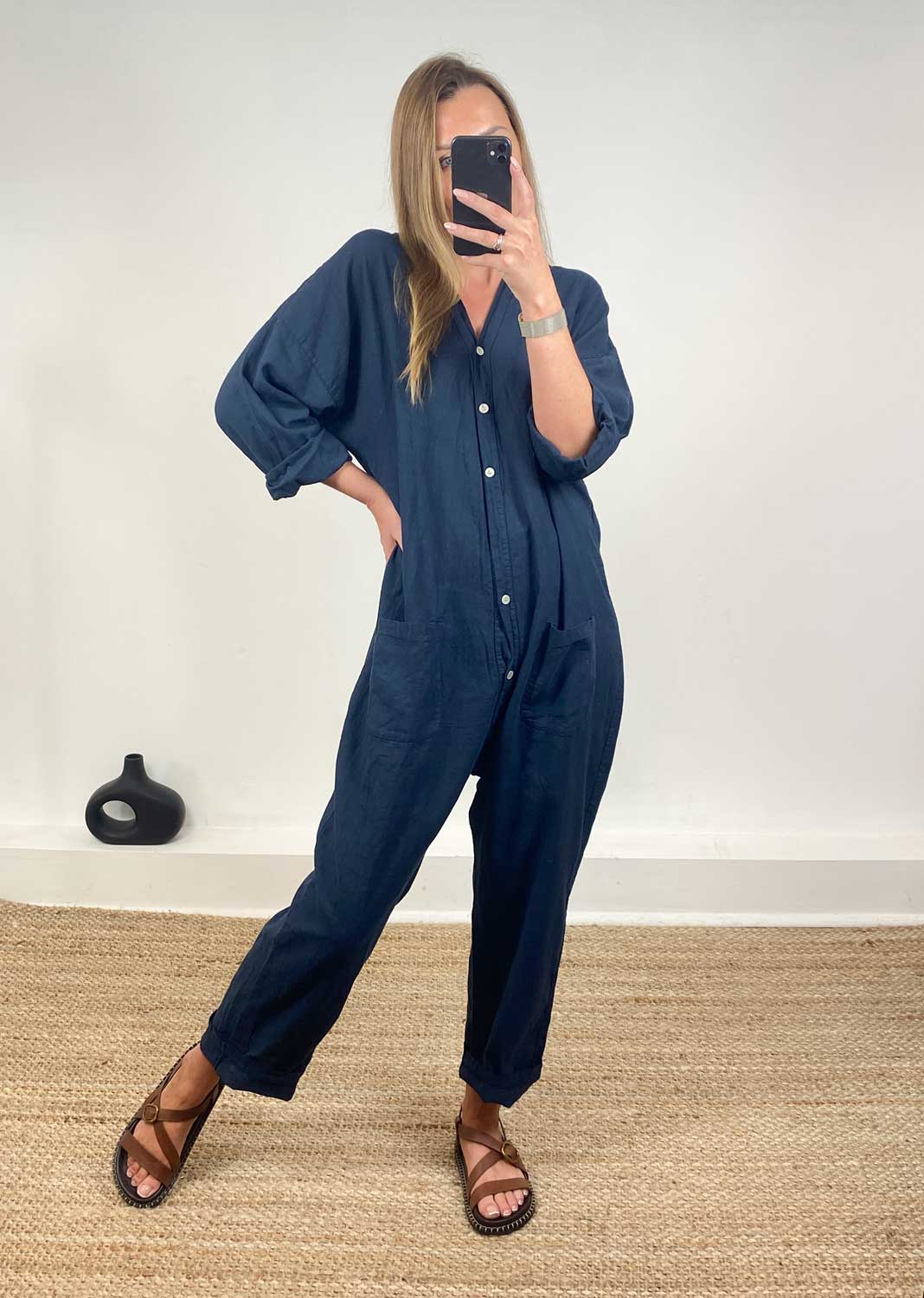 Carly Linen Blend Boilersuit in Navy