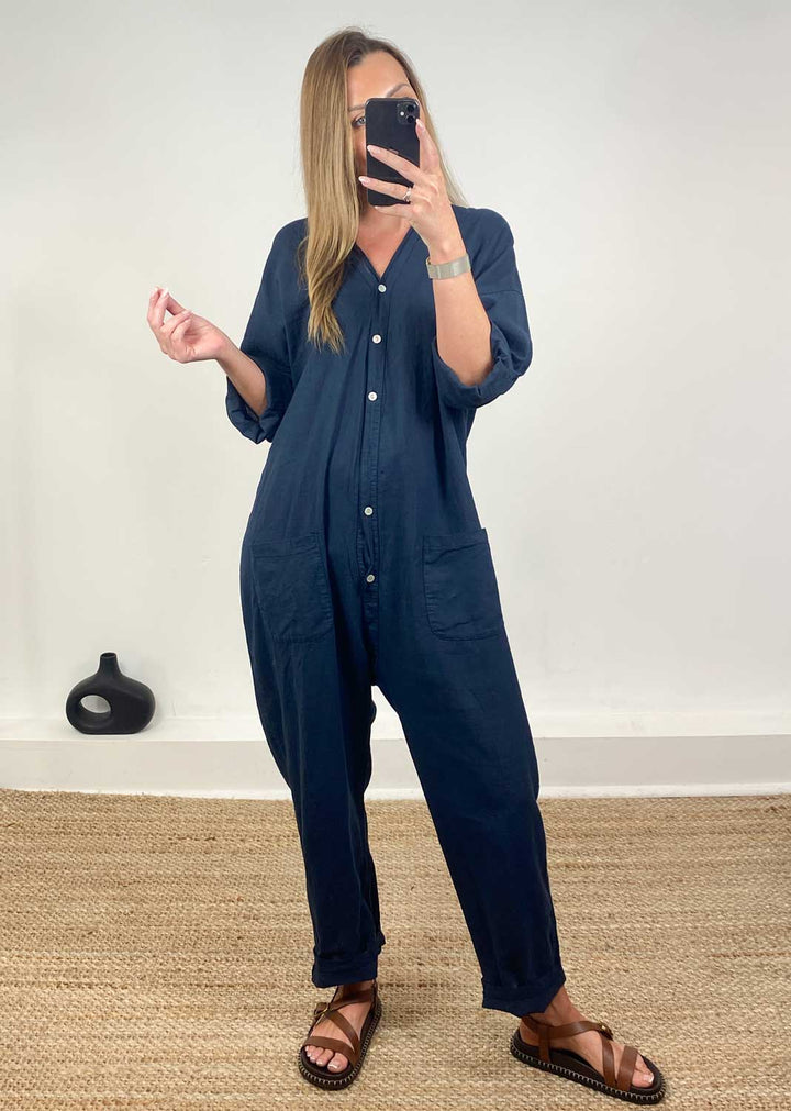 Carly Linen Blend Boilersuit in Navy