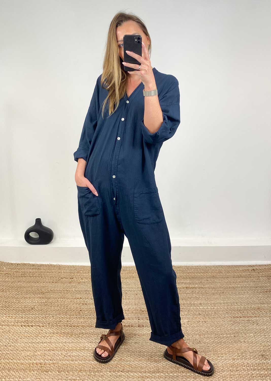 Carly Linen Blend Boilersuit in Navy