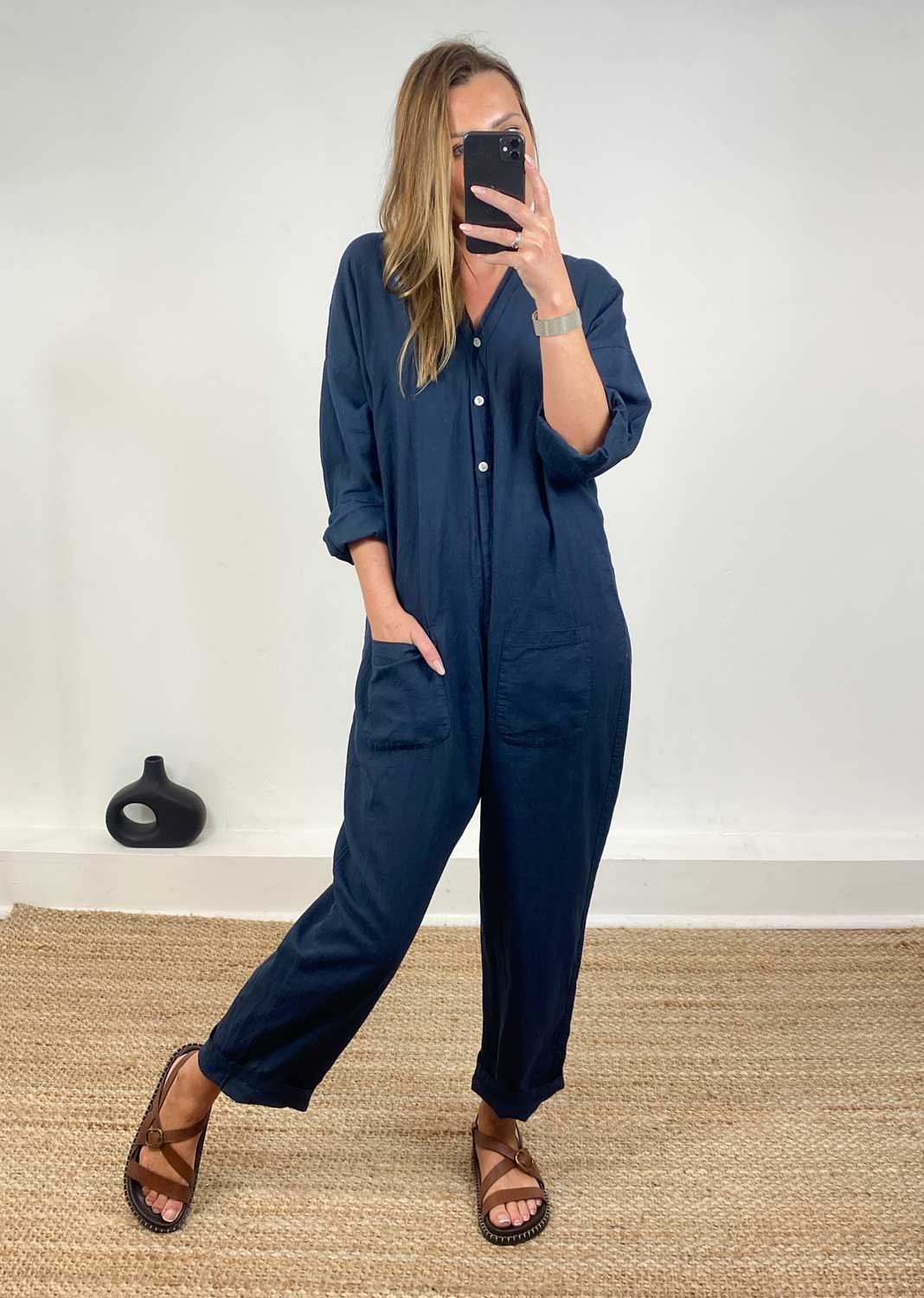 Carly Linen Blend Boilersuit in Navy