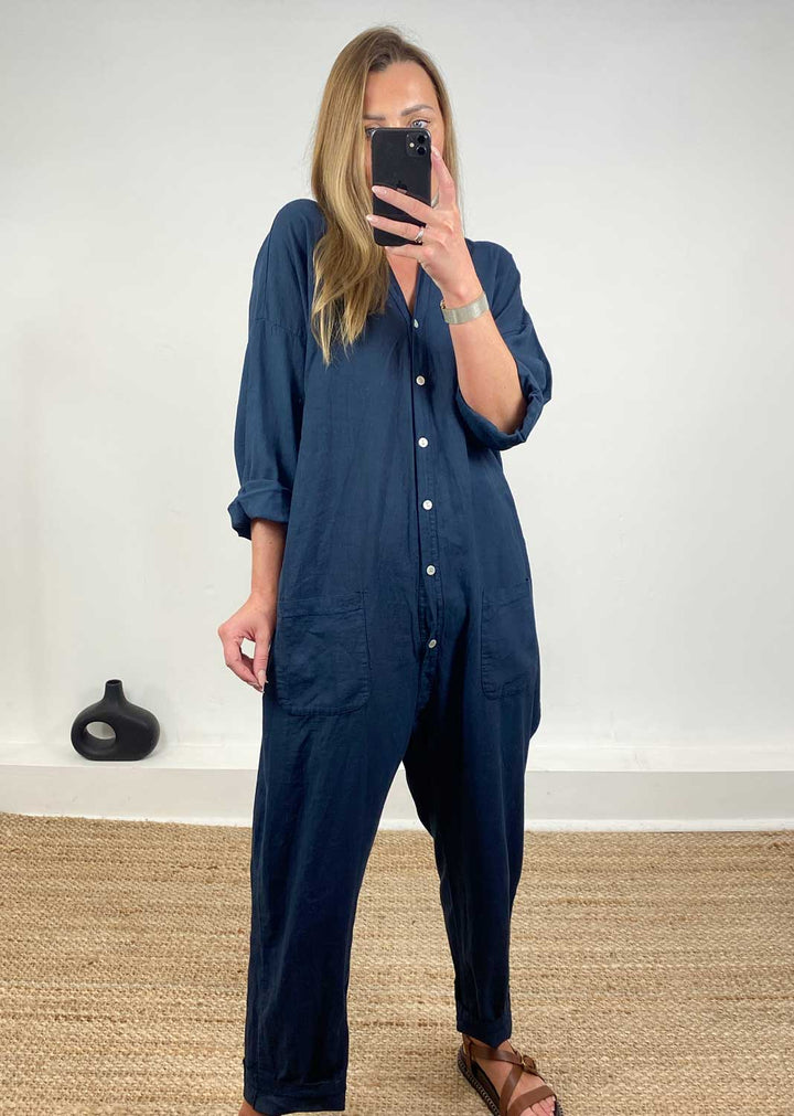Carly Linen Blend Boilersuit in Navy