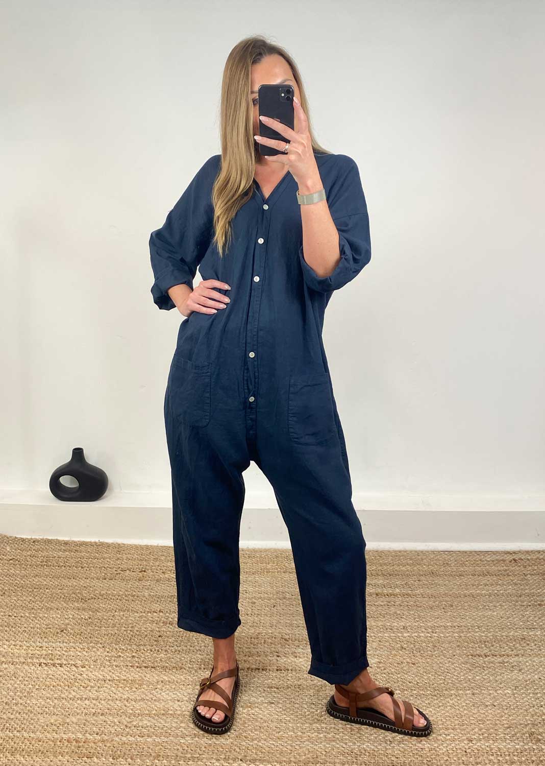 Carly Linen Blend Boilersuit in Navy