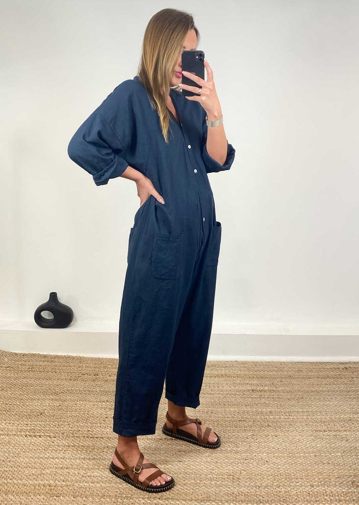 Carly Linen Blend Boilersuit in Navy
