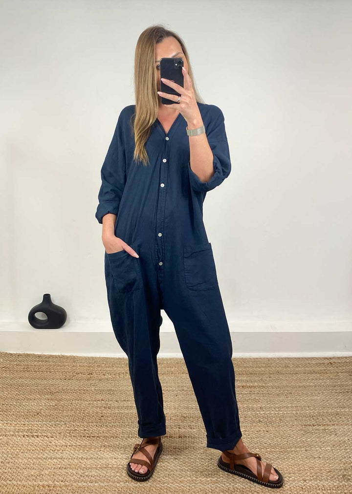 Carly Linen Blend Boilersuit in Navy