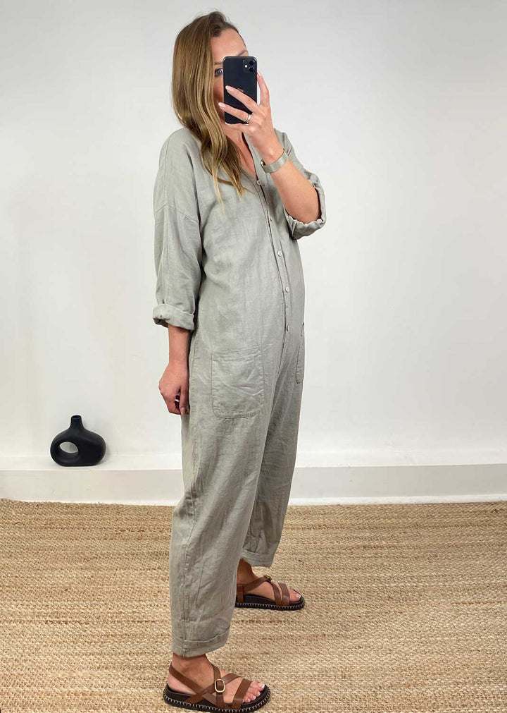 Carly Linen Blend Boilersuit in Taupe