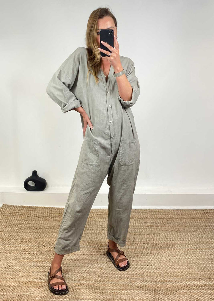 Carly Linen Blend Boilersuit in Taupe