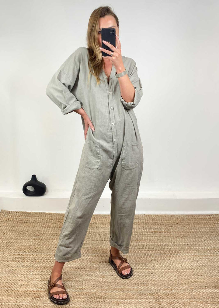 Carly Linen Blend Boilersuit in Taupe