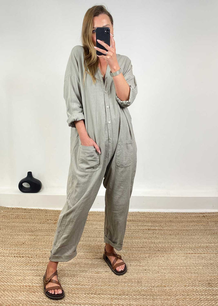 Carly Linen Blend Boilersuit in Taupe