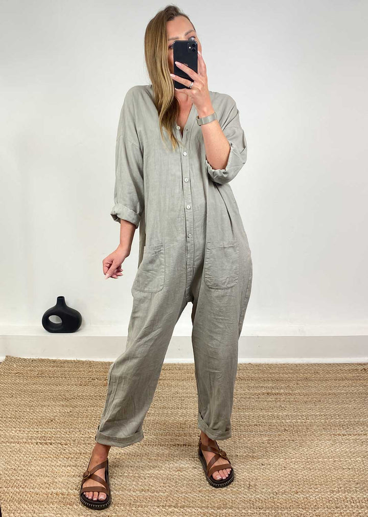 Carly Linen Blend Boilersuit in Taupe