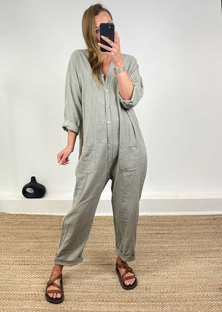 Carly Linen Blend Boilersuit in Taupe