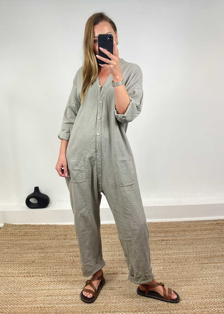 Carly Linen Blend Boilersuit in Taupe