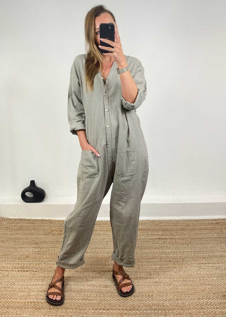 Carly Linen Blend Boilersuit in Taupe